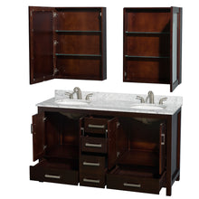 Load image into Gallery viewer, Wyndham Sheffield 60 Inch Double Bathroom Vanity in Espresso, White Carrara Marble Countertop, Undermount Oval Sinks, and Medicine Cabinets- Wyndham