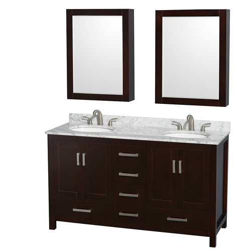 Wyndham Sheffield 60 Inch Double Bathroom Vanity in Espresso, White Carrara Marble Countertop, Undermount Oval Sinks, and Medicine Cabinets- Wyndham