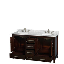 Load image into Gallery viewer, Wyndham Sheffield 60 Inch Double Bathroom Vanity in Espresso, White Carrara Marble Countertop, Undermount Oval Sinks, and No Mirror- Wyndham