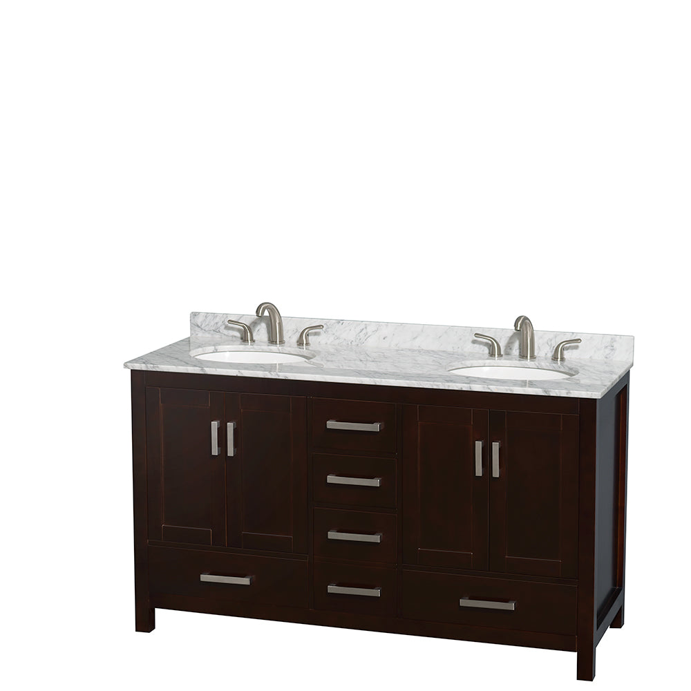 Wyndham Sheffield 60 Inch Double Bathroom Vanity in Espresso, White Carrara Marble Countertop, Undermount Oval Sinks, and No Mirror- Wyndham