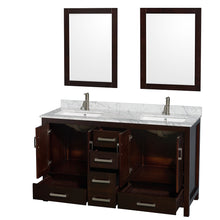 Load image into Gallery viewer, Wyndham Sheffield 60 Inch Double Bathroom Vanity in Espresso, White Carrara Marble Countertop, Undermount Square Sinks, and 24 Inch Mirrors- Wyndham