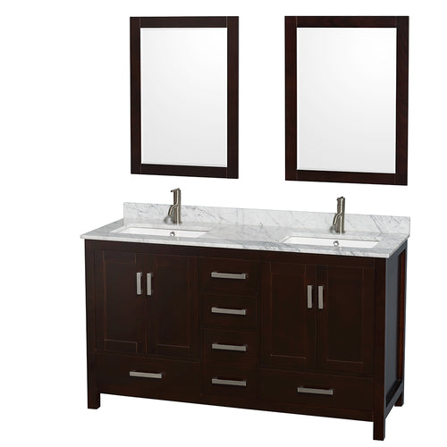 Wyndham Sheffield 60 Inch Double Bathroom Vanity in Espresso, White Carrara Marble Countertop, Undermount Square Sinks, and 24 Inch Mirrors- Wyndham