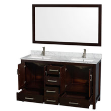 Load image into Gallery viewer, Wyndham Sheffield 60 Inch Double Bathroom Vanity in Espresso, White Carrara Marble Countertop, Undermount Square Sinks, and 58 Inch Mirror- Wyndham
