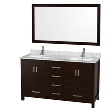 Load image into Gallery viewer, Wyndham Sheffield 60 Inch Double Bathroom Vanity in Espresso, White Carrara Marble Countertop, Undermount Square Sinks, and 58 Inch Mirror- Wyndham