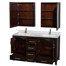 Load image into Gallery viewer, Wyndham Sheffield 60 Inch Double Bathroom Vanity in Espresso, White Carrara Marble Countertop, Undermount Square Sinks, and Medicine Cabinets- Wyndham