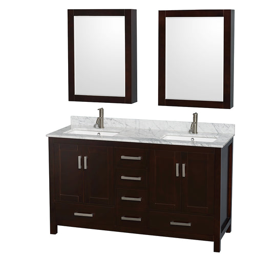 Wyndham Sheffield 60 Inch Double Bathroom Vanity in Espresso, White Carrara Marble Countertop, Undermount Square Sinks, and Medicine Cabinets- Wyndham