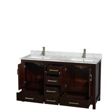 Load image into Gallery viewer, Wyndham Sheffield 60 Inch Double Bathroom Vanity in Espresso, White Carrara Marble Countertop, Undermount Square Sinks, and No Mirror- Wyndham