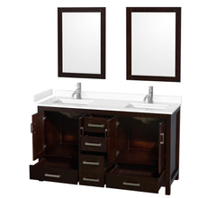 Load image into Gallery viewer, Wyndham Sheffield 60 Inch Double Bathroom Vanity in Espresso, White Cultured Marble Countertop, Undermount Square Sinks, 24 Inch Mirrors- Wyndham