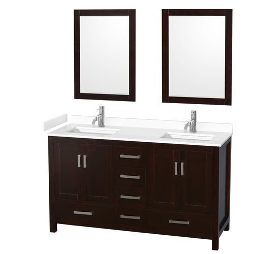 Wyndham Sheffield 60 Inch Double Bathroom Vanity in Espresso, White Cultured Marble Countertop, Undermount Square Sinks, 24 Inch Mirrors- Wyndham