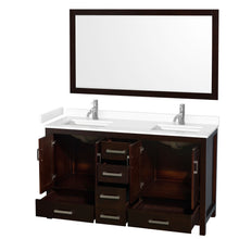 Load image into Gallery viewer, Wyndham Sheffield 60 Inch Double Bathroom Vanity in Espresso, White Cultured Marble Countertop, Undermount Square Sinks, 58 Inch Mirror- Wyndham