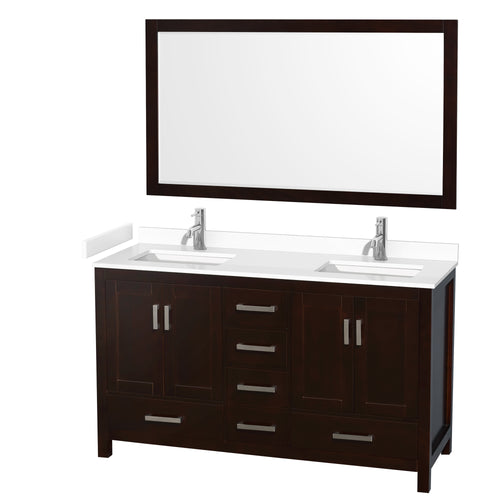 Wyndham Sheffield 60 Inch Double Bathroom Vanity in Espresso, White Cultured Marble Countertop, Undermount Square Sinks, 58 Inch Mirror- Wyndham