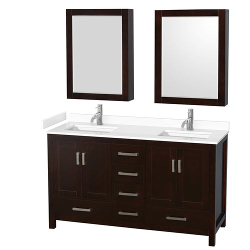 Wyndham Sheffield 60 Inch Double Bathroom Vanity in Espresso, White Cultured Marble Countertop, Undermount Square Sinks, Medicine Cabinets- Wyndham
