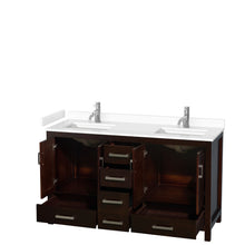 Load image into Gallery viewer, Wyndham Sheffield 60 Inch Double Bathroom Vanity in Espresso, White Cultured Marble Countertop, Undermount Square Sinks, No Mirror- Wyndham