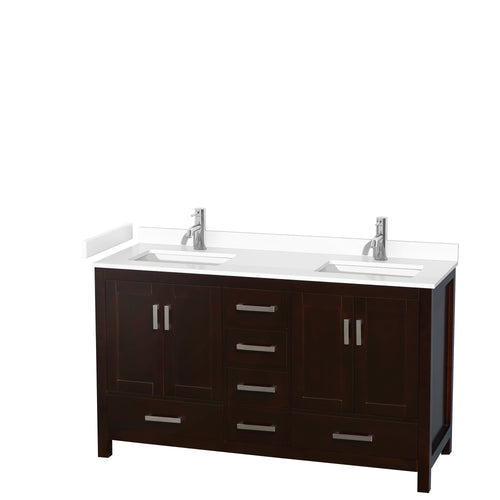 Wyndham Sheffield 60 Inch Double Bathroom Vanity in Espresso, White Cultured Marble Countertop, Undermount Square Sinks, No Mirror- Wyndham