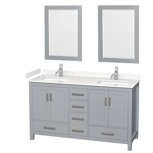 Wyndham Sheffield 60 Inch Double Bathroom Vanity in Gray, Carrara Cultured Marble Countertop, Undermount Square Sinks, 24 Inch Mirrors- Wyndham