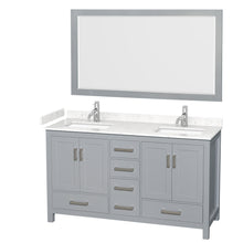 Load image into Gallery viewer, Wyndham Sheffield 60 Inch Double Bathroom Vanity in Gray, Carrara Cultured Marble Countertop, Undermount Square Sinks, 58 Inch Mirror- Wyndham