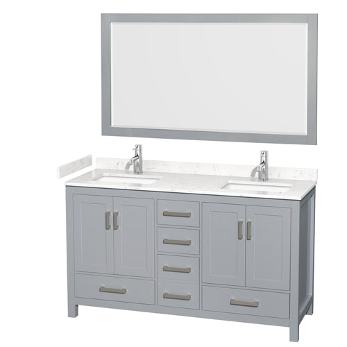 Wyndham Sheffield 60 Inch Double Bathroom Vanity in Gray, Carrara Cultured Marble Countertop, Undermount Square Sinks, 58 Inch Mirror- Wyndham