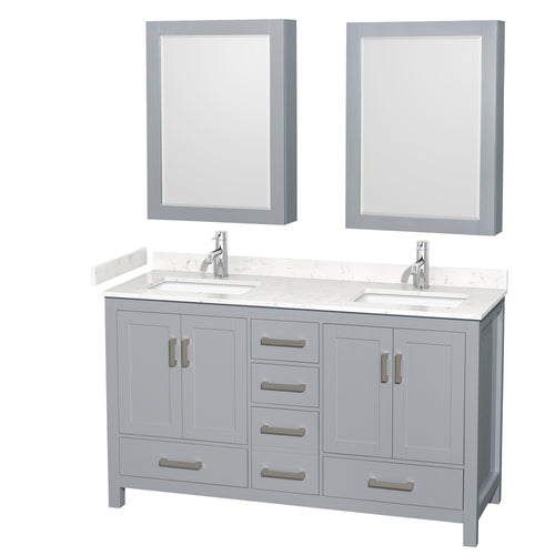 Wyndham Sheffield 60 Inch Double Bathroom Vanity in Gray, Carrara Cultured Marble Countertop, Undermount Square Sinks, Medicine Cabinets- Wyndham