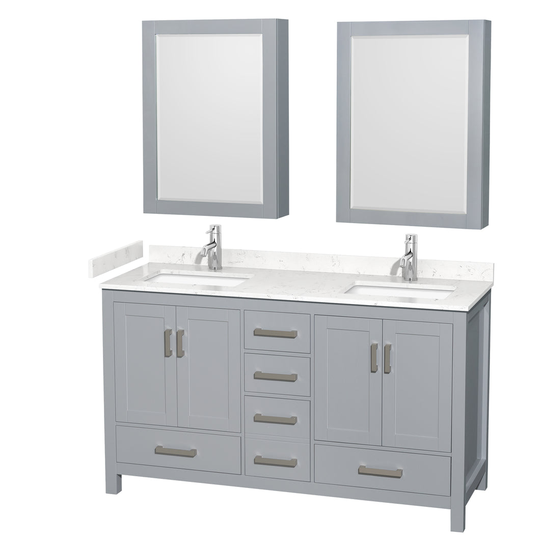 Wyndham Sheffield 60 Inch Double Bathroom Vanity in Gray, Carrara Cultured Marble Countertop, Undermount Square Sinks, Medicine Cabinets- Wyndham