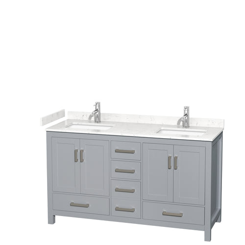 Wyndham Sheffield 60 Inch Double Bathroom Vanity in Gray, Carrara Cultured Marble Countertop, Undermount Square Sinks, No Mirror- Wyndham