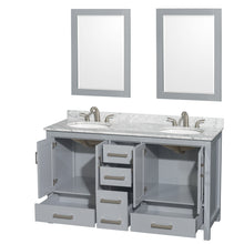 Load image into Gallery viewer, Wyndham Sheffield 60 Inch Double Bathroom Vanity in Gray, White Carrara Marble Countertop, Undermount Oval Sinks, and 24 Inch Mirrors- Wyndham
