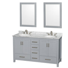 Load image into Gallery viewer, Wyndham Sheffield 60 Inch Double Bathroom Vanity in Gray, White Carrara Marble Countertop, Undermount Oval Sinks, and 24 Inch Mirrors- Wyndham
