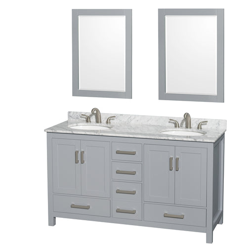 Wyndham Sheffield 60 Inch Double Bathroom Vanity in Gray, White Carrara Marble Countertop, Undermount Oval Sinks, and 24 Inch Mirrors- Wyndham