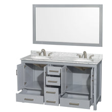 Load image into Gallery viewer, Wyndham Sheffield 60 Inch Double Bathroom Vanity in Gray, White Carrara Marble Countertop, Undermount Oval Sinks, and 58 Inch Mirror- Wyndham
