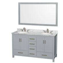 Load image into Gallery viewer, Wyndham Sheffield 60 Inch Double Bathroom Vanity in Gray, White Carrara Marble Countertop, Undermount Oval Sinks, and 58 Inch Mirror- Wyndham
