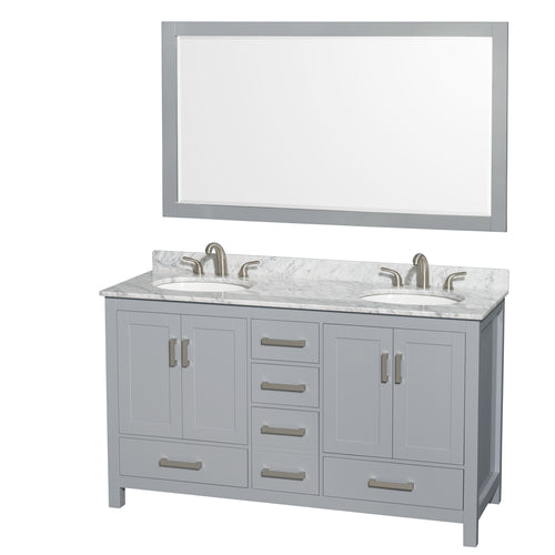 Wyndham Sheffield 60 Inch Double Bathroom Vanity in Gray, White Carrara Marble Countertop, Undermount Oval Sinks, and 58 Inch Mirror- Wyndham