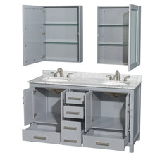 Load image into Gallery viewer, Wyndham Sheffield 60 Inch Double Bathroom Vanity in Gray, White Carrara Marble Countertop, Undermount Oval Sinks, and Medicine Cabinets- Wyndham