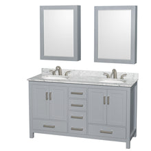 Load image into Gallery viewer, Wyndham Sheffield 60 Inch Double Bathroom Vanity in Gray, White Carrara Marble Countertop, Undermount Oval Sinks, and Medicine Cabinets- Wyndham