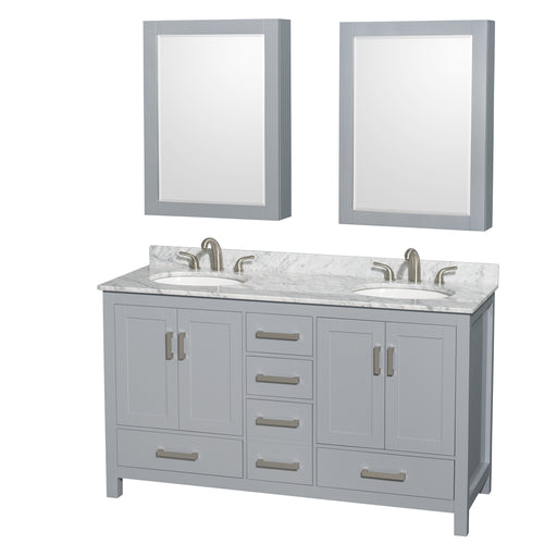 Wyndham Sheffield 60 Inch Double Bathroom Vanity in Gray, White Carrara Marble Countertop, Undermount Oval Sinks, and Medicine Cabinets- Wyndham
