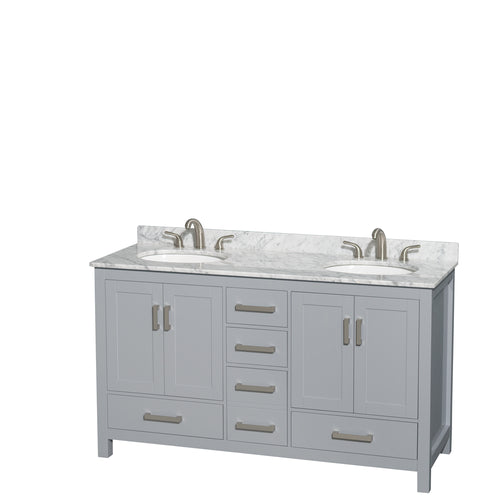Wyndham Sheffield 60 Inch Double Bathroom Vanity in Gray, White Carrara Marble Countertop, Undermount Oval Sinks, and No Mirror- Wyndham
