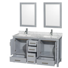 Load image into Gallery viewer, Wyndham Sheffield 60 Inch Double Bathroom Vanity in Gray, White Carrara Marble Countertop, Undermount Square Sinks, and 24 Inch Mirrors- Wyndham