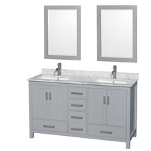 Load image into Gallery viewer, Wyndham Sheffield 60 Inch Double Bathroom Vanity in Gray, White Carrara Marble Countertop, Undermount Square Sinks, and 24 Inch Mirrors- Wyndham