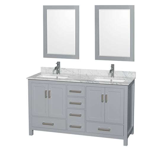 Wyndham Sheffield 60 Inch Double Bathroom Vanity in Gray, White Carrara Marble Countertop, Undermount Square Sinks, and 24 Inch Mirrors- Wyndham