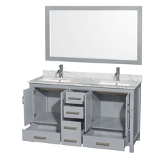Load image into Gallery viewer, Wyndham Sheffield 60 Inch Double Bathroom Vanity in Gray, White Carrara Marble Countertop, Undermount Square Sinks, and 58 Inch Mirror- Wyndham
