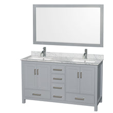 Load image into Gallery viewer, Wyndham Sheffield 60 Inch Double Bathroom Vanity in Gray, White Carrara Marble Countertop, Undermount Square Sinks, and 58 Inch Mirror- Wyndham