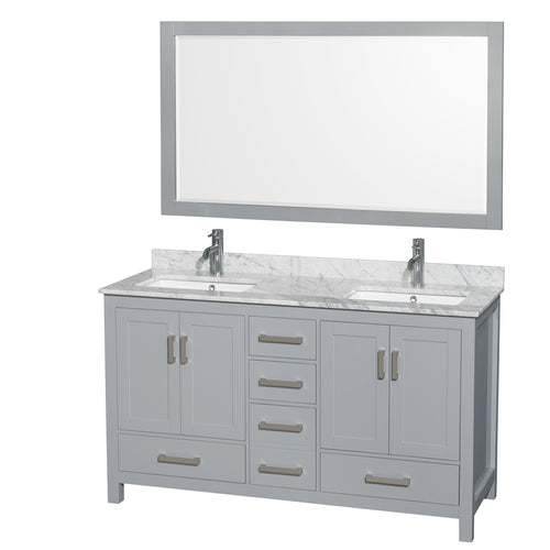 Wyndham Sheffield 60 Inch Double Bathroom Vanity in Gray, White Carrara Marble Countertop, Undermount Square Sinks, and 58 Inch Mirror- Wyndham