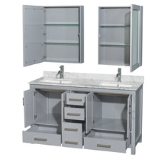 Load image into Gallery viewer, Wyndham Sheffield 60 Inch Double Bathroom Vanity in Gray, White Carrara Marble Countertop, Undermount Square Sinks, and Medicine Cabinets- Wyndham