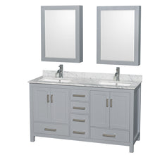 Load image into Gallery viewer, Wyndham Sheffield 60 Inch Double Bathroom Vanity in Gray, White Carrara Marble Countertop, Undermount Square Sinks, and Medicine Cabinets- Wyndham