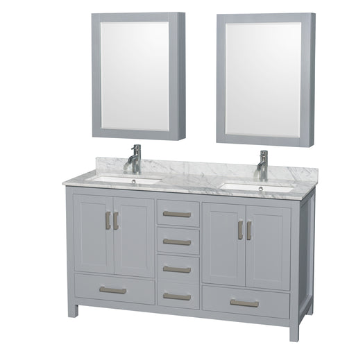 Wyndham Sheffield 60 Inch Double Bathroom Vanity in Gray, White Carrara Marble Countertop, Undermount Square Sinks, and Medicine Cabinets- Wyndham