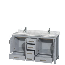 Load image into Gallery viewer, Wyndham Sheffield 60 Inch Double Bathroom Vanity in Gray, White Carrara Marble Countertop, Undermount Square Sinks, and No Mirror- Wyndham