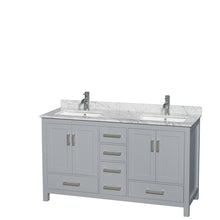 Load image into Gallery viewer, Wyndham Sheffield 60 Inch Double Bathroom Vanity in Gray, White Carrara Marble Countertop, Undermount Square Sinks, and No Mirror- Wyndham