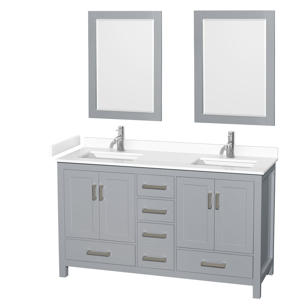 Wyndham Sheffield 60 Inch Double Bathroom Vanity in Gray, White Cultured Marble Countertop, Undermount Square Sinks, 24 Inch Mirrors- Wyndham
