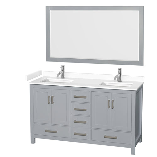 Wyndham Sheffield 60 Inch Double Bathroom Vanity in Gray, White Cultured Marble Countertop, Undermount Square Sinks, 58 Inch Mirror- Wyndham