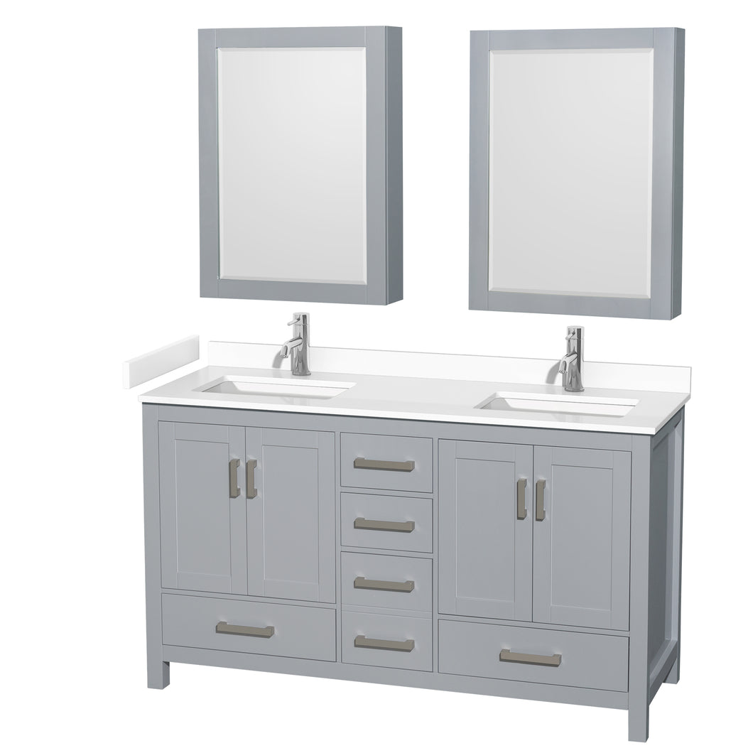 Wyndham Sheffield 60 Inch Double Bathroom Vanity in Gray, White Cultured Marble Countertop, Undermount Square Sinks, Medicine Cabinets- Wyndham