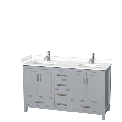 Wyndham Sheffield 60 Inch Double Bathroom Vanity in Gray, White Cultured Marble Countertop, Undermount Square Sinks, No Mirror- Wyndham