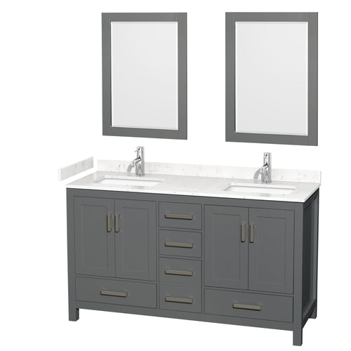 Wyndham Sheffield 60 Inch Double Bathroom Vanity in Dark Gray, Carrara Cultured Marble Countertop, Undermount Square Sinks, 24 Inch Mirrors- Wyndham